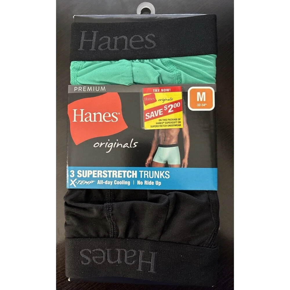 New 3 Pk. Hanes Premium X-temp Cooling Superstretch Trunks Mens Medium 32”-34”